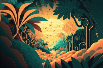psychic wave stylised illustration of jungle, film grain, grain,  retro colors, 3d elements - obrazy, fototapety, plakaty
