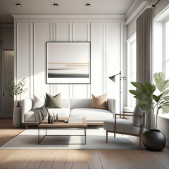 Minimalist, Natural light, sofa, living room interior with clean lines, neutral colors