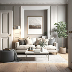 Minimalist, Natural light, sofa, living room interior with clean lines, neutral colors