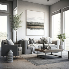 Minimalist, Natural light, sofa, living room interior with clean lines, neutral colors