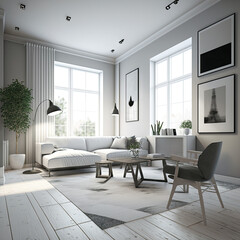 Minimalist, Natural light, sofa, living room interior with clean lines, neutral colors