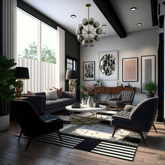 Minimalist, Natural light, sofa, living room interior with clean lines, neutral colors, high ceilings