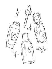 Beauty set. Skin care and beauty signs, spa salon and self-care icons. Vector doodle illustration. Skin care cosmetic bottles