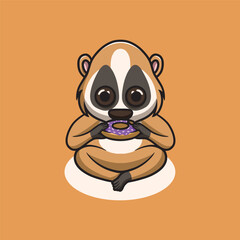 Cute slow loris eating donut cartoon illustration