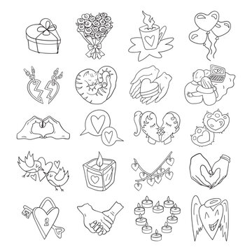 Set of isolated thin line illustrations for Valentine's day. Collection of 20 thin line love hand drawn icons for design, cover etc.