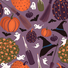 Obraz na płótnie Canvas Halloween seamless pattern with funny pumpkins, hats, ghost, flowers, brooms and candles . Beautiful digital background for decoration halloween designs. 300 DPI