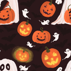 Halloween seamless pattern with funny dachshunds, pumpkins, bat and ghosts . Beautiful digital background for decoration halloween designs. 300 DPI