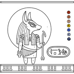 Anubis the ancient Egyptian god of funerary rites, protector of graves, and guide to the underworld. Color by numbers worksheet. Coloring page for kids. Learning history, culture, mythology with fun.