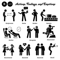 Stick figure human people man action, feelings, and emotions icons alphabet R. Reciprocate, recite, reckon, reclaim, recline, recognize, reconnoiter, recommend, reconcile, and recoil.