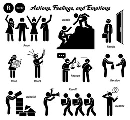 Stick figure human people man action, feelings, and emotions icons alphabet R. Rave, reach, ready, read, react, reason, receive, rebuild, recall, and realize.