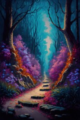 Fototapeta na wymiar Enchanted Forest Path Background as Acrylic Style Painting, Concept Art, Digital Illustration, Generative AI