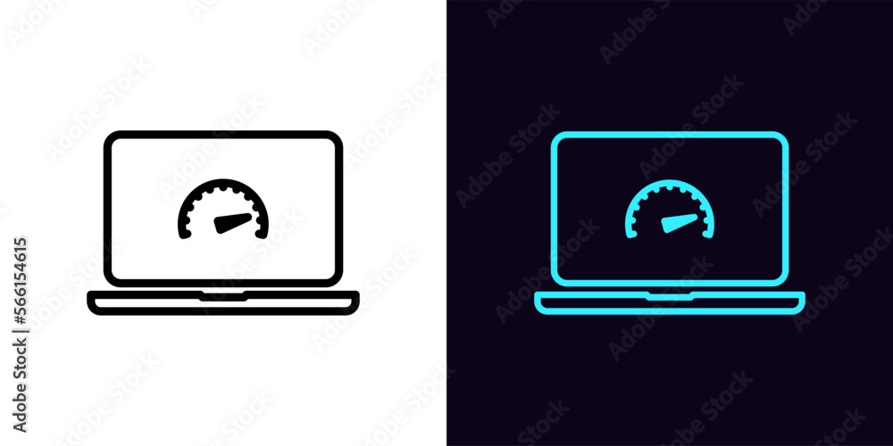 Poster outline laptop performance icon, with editable stroke. laptop screen frame with speedometer sign, co