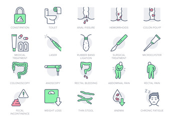 Proctologist line icons. Vector illustration include icon - toilet paper, colon, polyp, suppositories, anal fissure outline pictogram for hemorrhoids symptoms. Green and Red Color, Editable Stroke