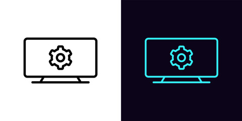 Outline television icon, with editable stroke. TV screen frame with gear sign, television settings pictogram. Broadcast video setting control, display adjustment, tv channel configuration.