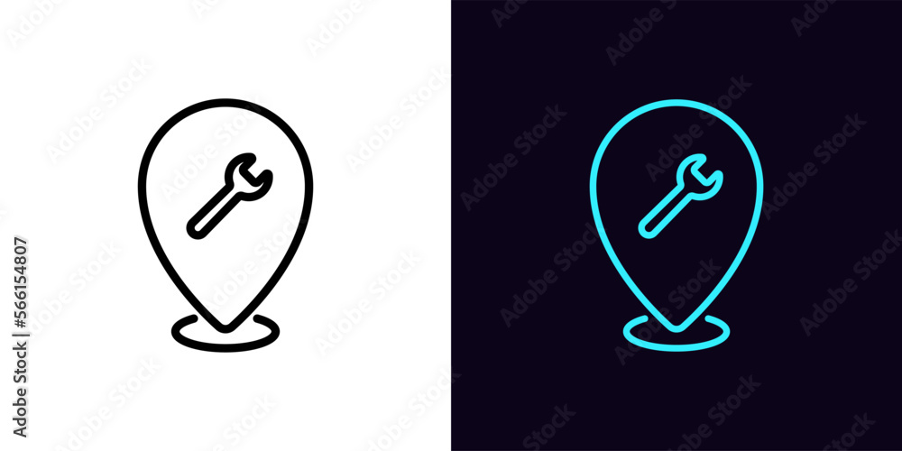 Poster outline repair pointer icon, with editable stroke. map pin frame with wrench sign, service location 