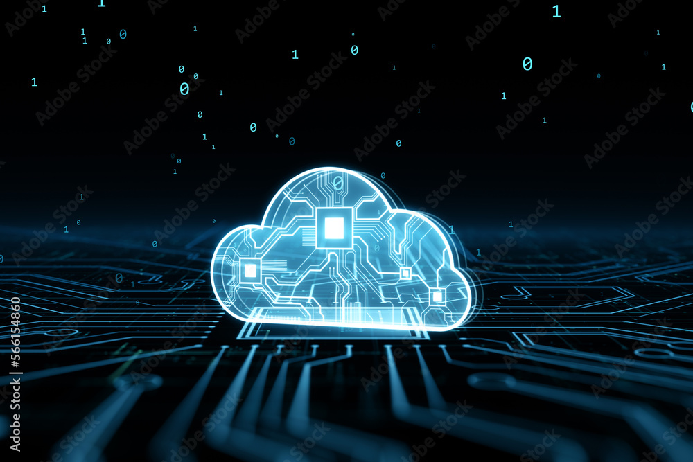 Poster Glowing cloud hologram. Cloud computing technology internet on converging point of circuit and abstract blue background. Cloud Service, Cloud Storage Concept. 3D Rendering.