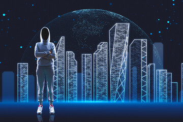 Hacker with folded arms standing on digital tech city background. Digital landscape in a cyber...