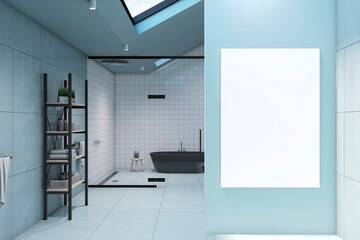Front view on blank white poster on blue background in modern bathroom with light squared tiles walls, dark bathroom shelving and dormer on the top. 3D rendering, mock up