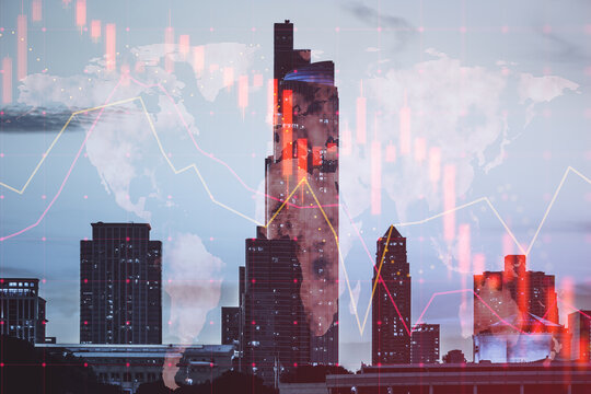 Falling red forex hologram on blurry city backdrop. Stock crisis price drop down chart fall 