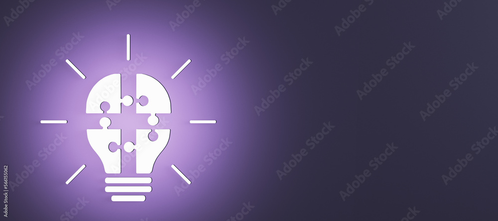 Aufkleber Abstract glowing white puzzle light bulb on wide purple background with mock up place. Completing business idea. Cooperation, teamwork. Successful solution puzzle. Symbol of partnership. 3D Rendering.