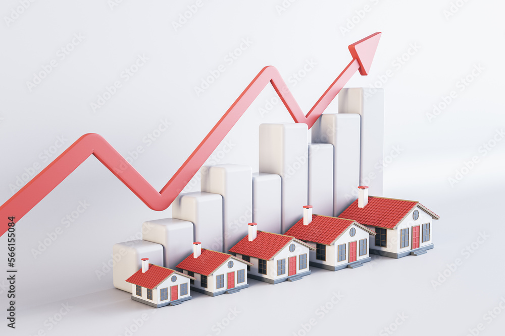 Poster abstract image of rising house prices on light background with red arrow, chart and houses. 3d rende