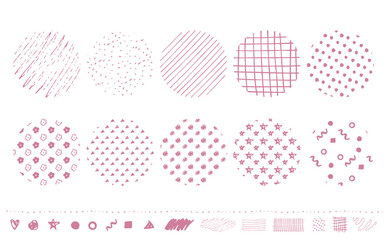 シンプルでおしゃれな北欧風てがきの模様やパターン・柄のあしらいセット_ベクター素材_くすみピンク_丸_文字なし