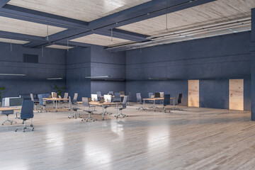 Fototapeta na wymiar Modern wooden coworking office interior with furniture. Commercial concept. 3D Rendering.