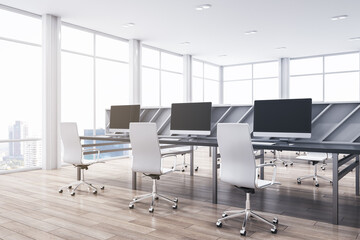 Luxury spacious bright coworking office interior. Wooden and concrete materials. Panoramic window with city view and daylight. Corporation, law and legal concept. 3D Rendering.