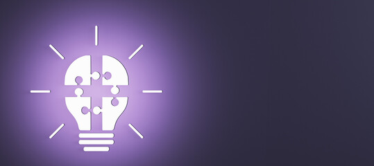 Abstract glowing white puzzle light bulb on wide purple background with mock up place. Completing business idea. Cooperation, teamwork. Successful solution puzzle. Symbol of partnership. 3D Rendering.