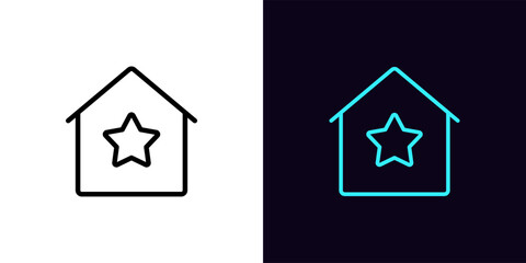 Outline star home icon, with editable stroke. House frame with star sign, premium real estate pictogram. Top rank of house booking, best cottage, celebrity real estate.