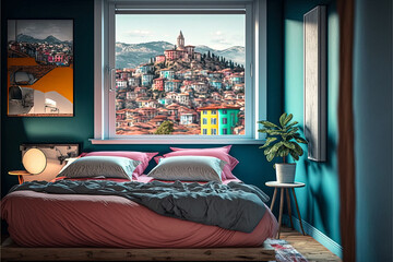 Bedroom with a stunning view. Plovdiv, Bulgaria. Generative AI