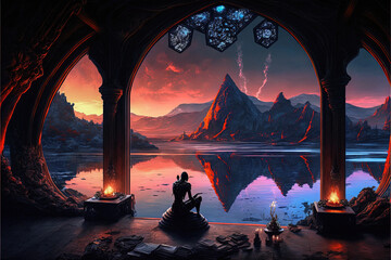 Sunset in the mountains. Dark elf interior design. House with a view. Generative AI