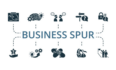 Business Spur icon set. Monochrome simple Business Spur icon collection. Tactics, Brain Storm, Communication, Solution, Problem Solving, Opportunity, Realization, Team Spirit, Persistence, Keep Going