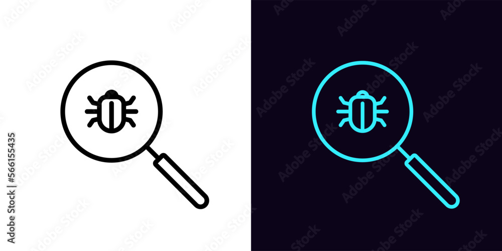 Poster outline magnifier icon, with editable stroke. magnifying glass frame with bug sign, vulnerability se