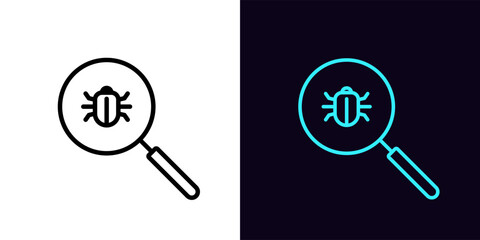 Outline magnifier icon, with editable stroke. Magnifying glass frame with bug sign, vulnerability search. Program code debug, error scan, virus detect, cyber attack, find security threat.