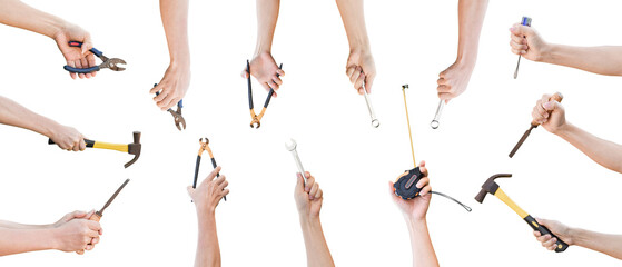 Collection of hands holding mechanic tools isolated on transparent background PNG file