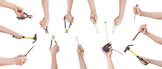 Collection of hands holding mechanic tools isolated on transparent background PNG file