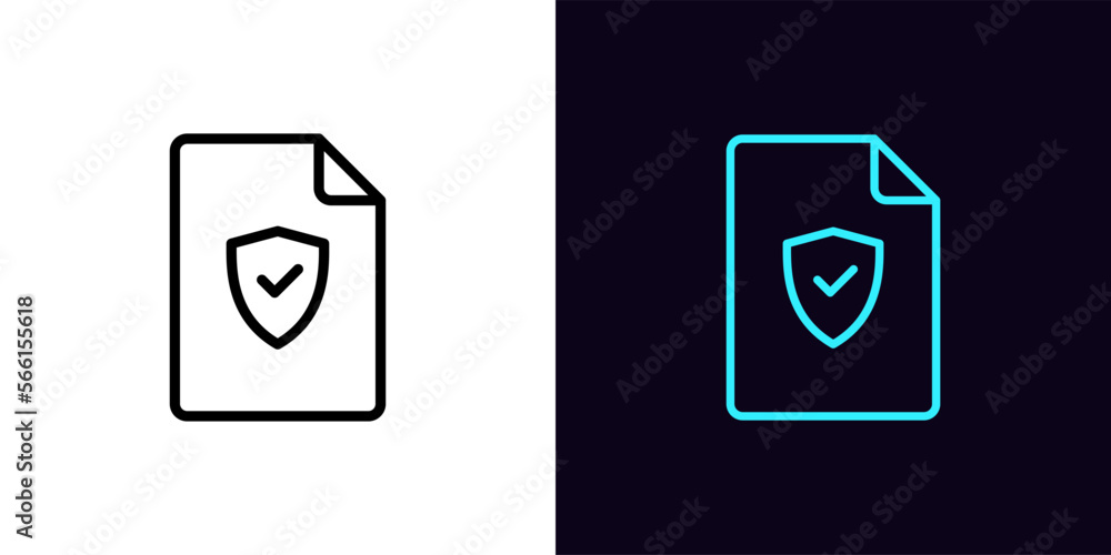 Poster outline verified file icon, with editable stroke. document frame with shield and tick sign, secure d