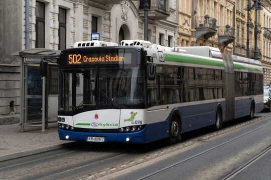 Solaris Urbino 18 Hybrid low-floor articulated bus, in service for MPK Kraków Public Transport, Miejskie Przedsiębiorstwo Komunikacyjne on January 29, 2023 in Krakow, Poland.