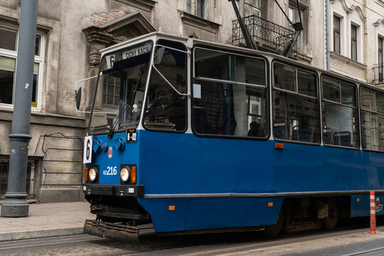 Konstal 105N NA type tram car, classic Polish wagon. MPK Krak&oacute;w Public Transport tramway at Marszałka J&oacute;zefa Piłsudskiego street on January 29, 2023 in Krakow, Poland.