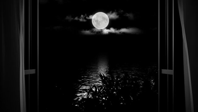 Looking to the Moon and Sea with Sky Stars in HD Resolution with Black and White Color Mood.