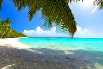 Beautiful beach with white sand, turquoise ocean, blue sky with clouds and palm tree over the water on a Sunny day, Maldives, perfect tropical landscape. Crystal clear water, sun shining bright, gentl
