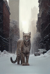A Big Savage Cat Walking Alone In A City Under Snow. Generative AI