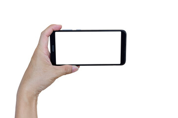 Hand holding blank smartphone isolated on transparent background PNG file