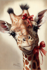 A Closeup Of An Adorable Giraffe With A Pretty Red Loop. Generative AI