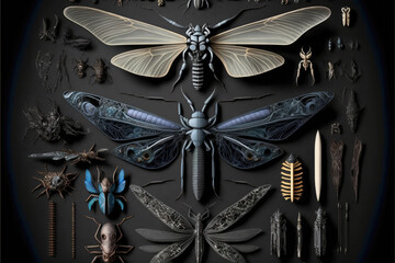 Alien Insects Knolling Proportional. Generative AI