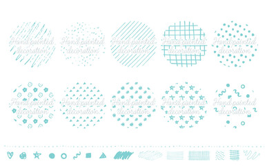 シンプルでおしゃれな北欧風てがきの模様やパターン・柄のあしらいセット_ベクター素材_水色_丸