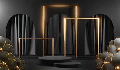 3D rendering of black podium background for black friday product on podium