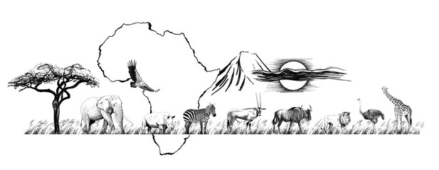 African landscape with animal, map, mountain and tree. Sketch of the savannah