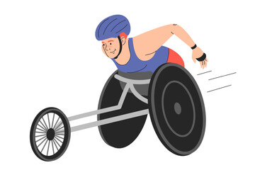 Disabled woman participating in wheechair racing vector isolated. Illustration of a person with disability taking part in paralympic games. Sport competition.